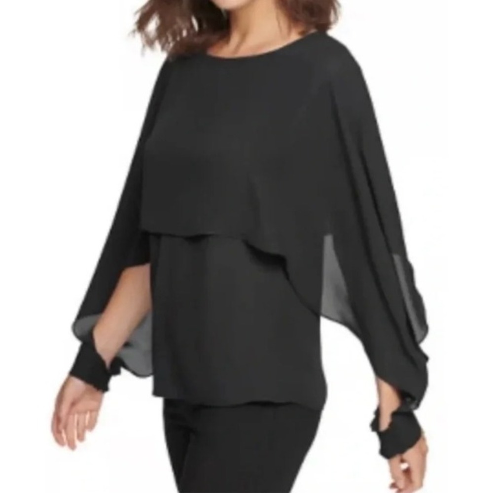Zara Woman Black Layered Chiffon Blouse Sheer Long Open Sleeve Smocked Cuff M - Picture 4 of 9